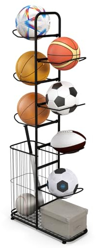 GOPLUS Estante para Pelotas de 7 Niveles, Soporte Vertical Independiente con Cesta Lateral y Barras Colgantes Extraíbles, Organizador de Equipos Deportivos para Baloncesto Fútbol Voleibol Rugby