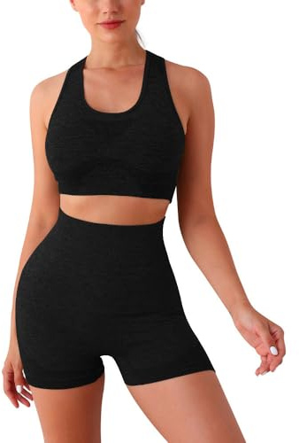 Havejoy Conjunto Deportivo Mujer Fitness Verano Moda Chandal Dos Piezas Crop Top Y Short Leggings Cintura Alta Push Up Traje de Gimnasia Ropa Malla para Running Yoga Pilates Danza Sportwear Tracksuit