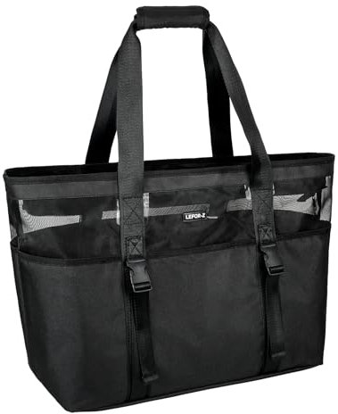 IVODEELA Beach Bags for Women with Zip,Large Mesh Beach Tote Bag Waterproof and Sandproof,Travel Tote Bag with Front Buckles for Traveling,Shopping,Pool,Black