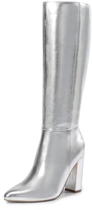 DREAM PAIRS Knee High Boots Women Chunky Heel Pointed Toe Tall Boots for Women Side Zipper Long Boots,Size 7.5,Metallic Silver,SDKB2406W