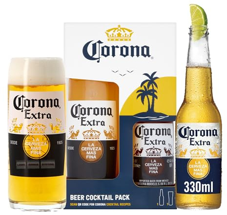 Corona Beer Gift Set - Official Licensed Corona Extra and Premium Branded Glass, 330ml Bottle, Beer Gifts for Men, Lager Gift Set for Him, Alcohol Gifts, Birthday, Fathers Day