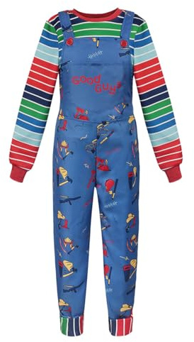 Koongso Erwachsene Chucky Kostüm Horror Movie Killer Puppe Rollenspiel Set Overalls mit Streifen T-Shirt Herren Damen Neuheit Paar Dress Up für Halloween Karneval Party