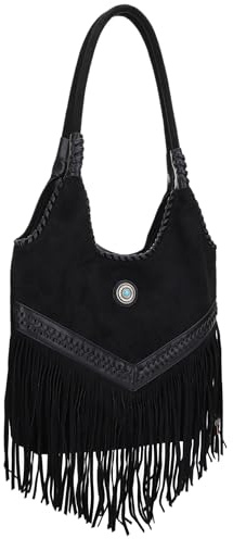 JESSIE & JAMES Suede Fringe CCW Tote Bag For Women - Top Handle Boho Shoulder Bag_Black/Black