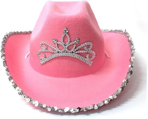 WickedFun® Chapeau de cowboy rose avec bordure à paillettes pour homme et femme, chapeau de cowgirl texan de luxe à large bord unisexe adulte accessoire de fête