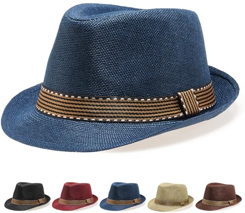 Initlove Sombrero Fedora unisex clásico Panamá sombreros de ala corta Trilby, azul marino, Talla única