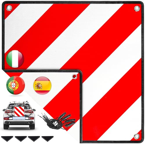 Warmfay® Panneau d'avertissement en aluminium 3 en 1 - Italie, Espagne et Portugal - Avec 4 sangles de serrage + coins de protection - Panneau d'avertissement réfléchissant rouge et blanc - 50 x 50 cm