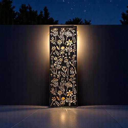 Garden Greatness - Tall Metal Flower Print Wall Art Solar Light, Garden Wall Decorative Patio Lighting, Solar Light Wall Feature