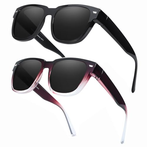 Myiaur 2 Pack Polarisiert Überzieh Sonnenbrille für Damen UV400 Schutz, Leichter TR90 Rahmen, Blendfreie Sonnenbrille für Brillenträgerinnen
