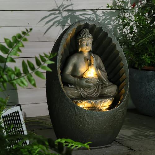 Solar Buddha Springbrunnen mit LED-Lotus-Funktion für Zen-Meditation – Innen- und Außendekoration (Wohnbereich，Büro，Garten, Terrasse, Wohnzimmer) – 40x32.5x27cm Brown