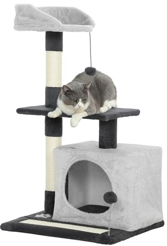 PawHut Árbol Rascador para Gatos, Árbol para Gatos 85 cm, Torre Escalador con Plataformas, Cueva, Postes Rascadores, Tapete de Sisal, Bolas, Gris Claro y Negro