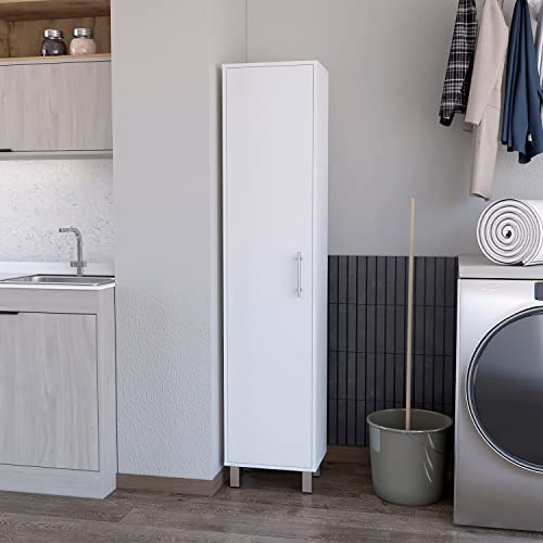 Jenvor Tall Storage Cabinet Single Door with 3 Broom Hangers White Particle Board 5 Interior Shelves 11 in D x 14.4 in W Ergonomic Freestanding Organizer for Laundry Mudroom Closet