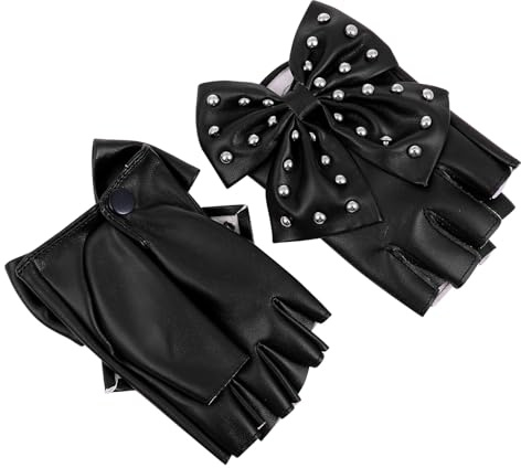 BESTonZON Guantes de Medio Dedo para Mujer Guantes Negros de Cuero Lazo y Remaches de Moda para Fiesta y Escenario Accesorios Transpirables para Danza y Actuaciones en Navidad