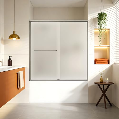 CKB Bathtub Shower Door, 56-60 W Adjustable x 56 H Bypass Sliding Tub Door, Easy to Install with Frosted 1/4 Tempered Glass, Semi-Frameless and Reversible, Brushed Nickel