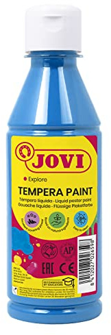 Jovi - Flytande gouache, 250ml flaska, Färg Blå Cyan, Färg baserad på naturliga ingredienser, Lätt att tvätta bort, Glutenfri, Idealisk för skolbruk (50221)