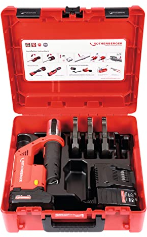 Rothenberger ROMAX Compact TT Pressbackeset, Ladegerät EU, 2Ah Akku Kapazität, SV Pressbacken Kontur, 15mm-22mm-28mm Arbeitsbereich Durchmesser | 1000002117 | Einpresswerkzeug für Rohre