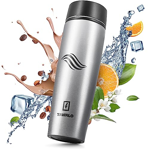 TAVIALO Thermobecher, Reisebecher, 460ml, Farbe Metallic Silber, Isolierbecher aus INOX Edelstahl, auslaufsicher, gummierter Standfuß