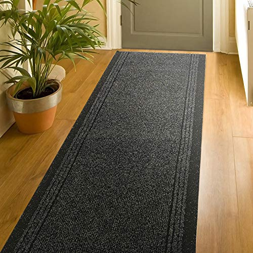 Bravich Sydney Charcoal Hallway Runner - Machine Washable Non-Slip Rubber Backed Carpet Mat - Indoor Outdoor Stair Kitchen Runner - 9mm Pile Height- 2'2x8'FT (66x244cm)