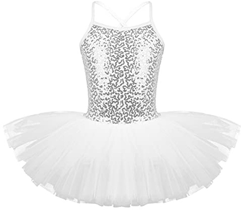 iEFiEL Flickklänning, balettklänning, barn, balettklänning, glitter, balettdräkt med tyllkjolar, paljetter, klänning, prestanda, dansklänning, Vit, 128-140