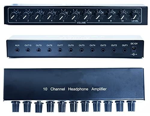 aux Mini Jack TRS 3.5 mm Input 1 in 10 Out Channel Headphone Amplifier Stereo Audio Amp with 12V 1A Power Adapter Distributor Headphone Splitter for Studio and Stage Black