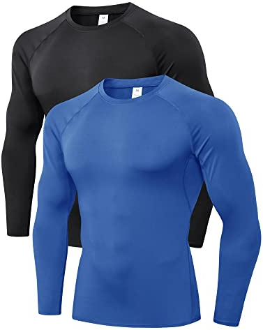 LNJLVI 2er Pack Herren Kompressionsshirt Langarm Funktions Shirt Sportshirt Laufshirt (Schwarz-Blau,S)