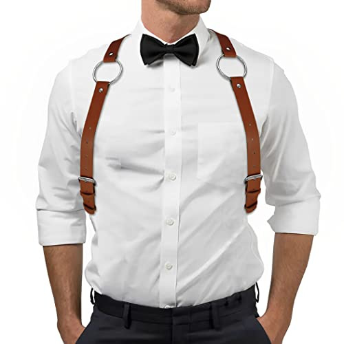 BODIY Men Leather Suspenders Belt Y-Back Shoulder Strap Groomsmen Wedding Adjustable Tuxedo Suspender (Brown)