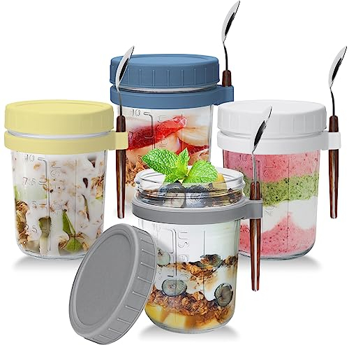 UHAPEER Pots à céréales en verre à emporter avec couvercle et cuillère, set de 4 pots à yaourt à emporter, bocaux à overnight oats de 350ml, pots à salade pour yogourt, porridge, cornflakes, muesli