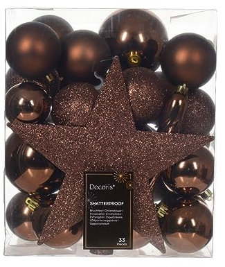 CONFEZIONE CON 33 ADDOBBI E PUNTALE PER ALBERO DI NATALE, MARRONE SCURO, NATALE, ADDOBBI DI NATALE