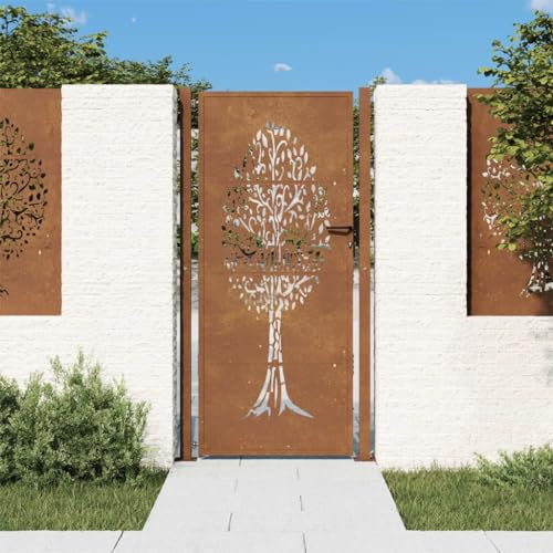 Homgoday Garden Gate, Metal Gate, Garden Door, Fence Door, Garden Gate, Yard Gate, Entrance Gate, Single Gate, Double Gate, Garden Fence, Gate, 105 x 205 cm, Corten Steel, Tree Design