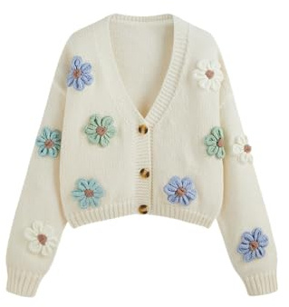 CIDER Women’s Floral Cropped Cardigan Cute Flower V Neck Button Down Trendy Sweater, White, M
