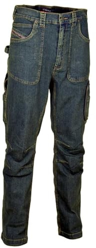Pantaloni jeans da lavoro elasticizzati Barcelona adatto alle staioni fredde con con multitasche porta-oggetti ,porta metro e martello (50, BLU JEANS)