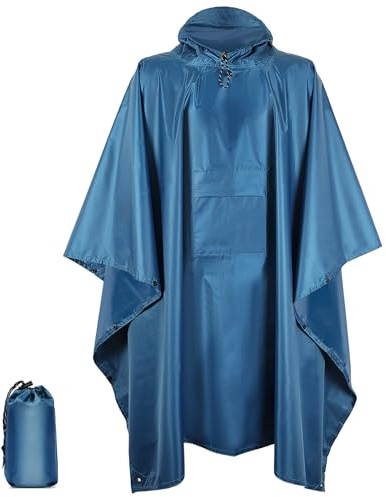 KUOGAS Poncho de lluvia para hombre y mujer, reutilizable 3 en 1, poncho impermeable, chubasquero, unisex, para camping, senderismo, azul, L