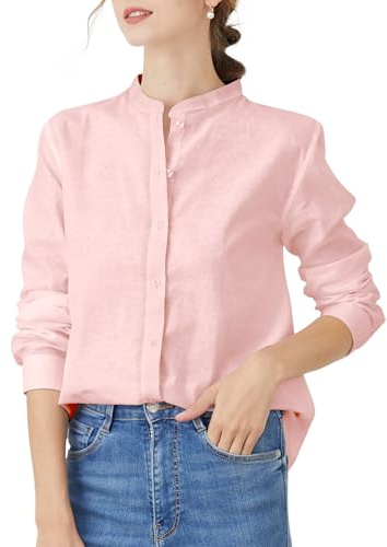 HOTEVE Button Down Shirts for Women Shirt Pink Long Sleeve Linen Blouses Blouse Woman up Womens Tops Boyfriend Business Pink 047 Size S