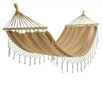 GLOUPIE Amaca Da Giardino Sospesa Lauren Con Telo In Poliestere Color Sabbia, Frange In Corda Di Cotone E Barra In Legno, L 200 x P 100 Cm, Portata Massima 120 Kg