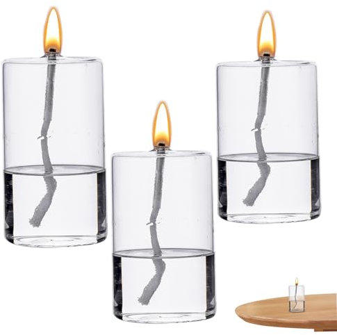 Porgeel Lámpara de Aceite de Vidrio, 3 Piezas, Redonda, Transparente, sin Humo, Recargable, Vela de Aceite Decorativa, lámpara de sin Olor para Mesa de Comedor, Centro de Mesa de Boda