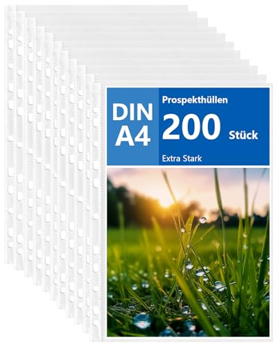 APACALI Fundas Transparentes A4, 200 Unidades, 0,06 mm, con Perforación, Extra Fuertes, Apertura Superior, Material Polipropileno (PP), Paquete Grande