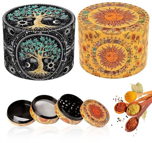 Lotvic Grinder, 2 Pezzi Macinino Polline, Macinino Erbe, Realizzato in Lega di Zinco, Versatile Vintage Macinino Metallo per Spezie Erbe Polline e Vaniglia con Raschietto Polline Giallo 50 mm