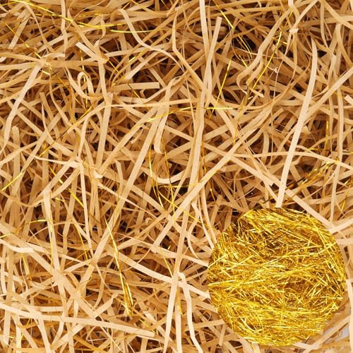 Kayqbonke 250g Riempimento Raffia, Paglietta per Bomboniere Giallo-Marrone e Dorata, Paglia di Carta per Confezioni, Carta Velina Tagliuzzata per Pacchi, Scatole Regalo, Cesti e Cestini Regalo