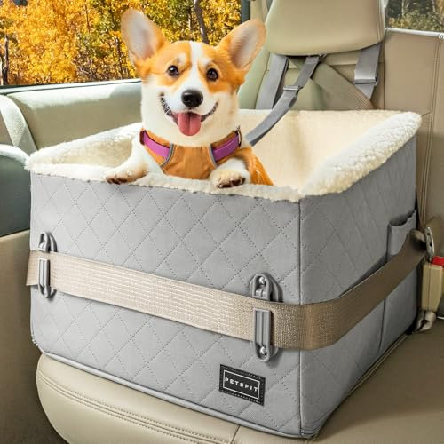 PETSFIT Hunde Autositz erhöht 12.5cm, Hundesitz Auto Rückbank mit Sicherheitspatent, Hundeautositz mit abnehmbarem Plüschbezug, Hundekorb Auto für kleine Hunde bis 12kg, Beifahrersitz & Rückbank