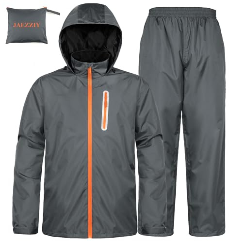 JAEZZIY Rain Suits for Men Women Waterproof Lightweight Hooded Breathable Rain Gear Raincoat for Fishing Hiking Cycling (Grey M)