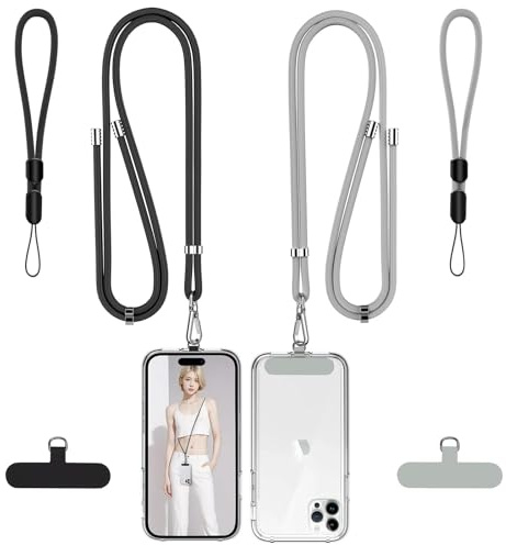 JSTHHTT 2 Piezas Cadena de Teléfono Celular Universal, Desmontable Cuerda Movil Cuello Universal, Lanyard, Compatible la Mayoría de las Fundas de Teléfono Para Movil Evitar La Pérdida (Negro Gris)