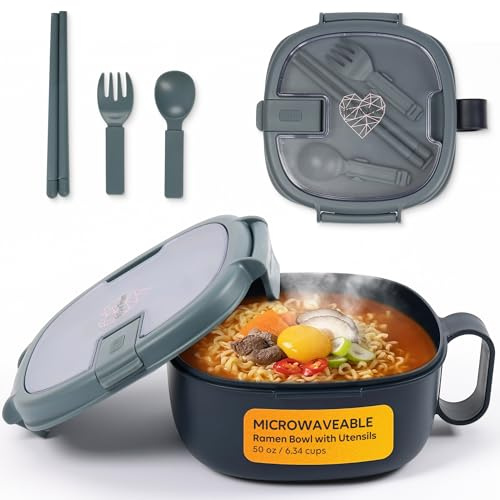AI LOVE PEACE Microwavable Ramen Bowl Cooker with Lid - Leakproof Noodle Container with Built-In Utensils, BPA-Free, Dishwasher & Freezer Safe [Navy]