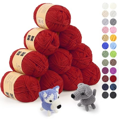 Coopay 10 Ovillo de Lana para Tejer, 450g (10x 45g), Lana para Crochet Suave en Algodón y Fibra, 5 Hilos, Lana para Crochet y Tejer para Bebé, Hilo para Crochet Bufanda, Manta, Guantes - Rojo