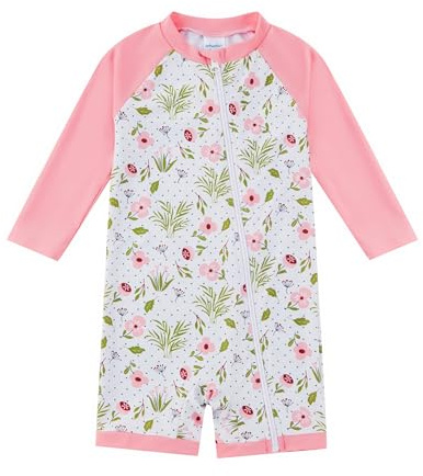 upandfast Bañadores de Una Pieza para Niña con Flores Verde y Rosa - Traje de Baño UV Manga Larga, Protección UPF 50+ y Cremallera Frontal sin Capucha 6-9M