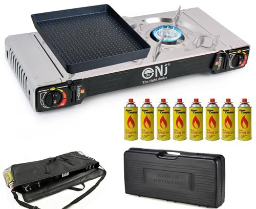 Double Camping Stove - 2 Burner Portable Gas Cooker Grill Plate Carry Case and Bag (Stove + 8 Canisters)