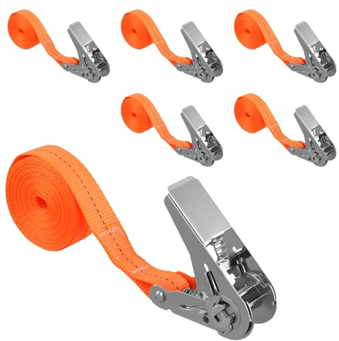 CHUENKUK 6 cinghie di serraggio arancioni da 2,5 cm x 4 m, con cricchetto, cinghie di fissaggio con serratura a cricchetto, cinghie di ancoraggio per trasporto auto e sicurezza del carico