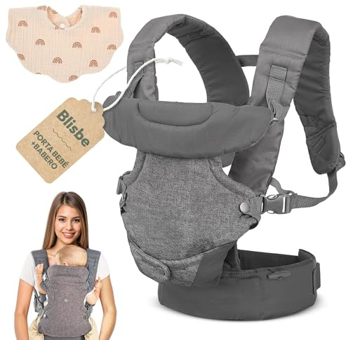 Blisbe Mochila Portabebé Ergonómica 4 Posiciones – Segura, Transpirable, Lavable, Asiento de Cadera, Cinturón Ajustable, Fácil de Colocar, Recién Nacido a 36 meses + Babero de regalo