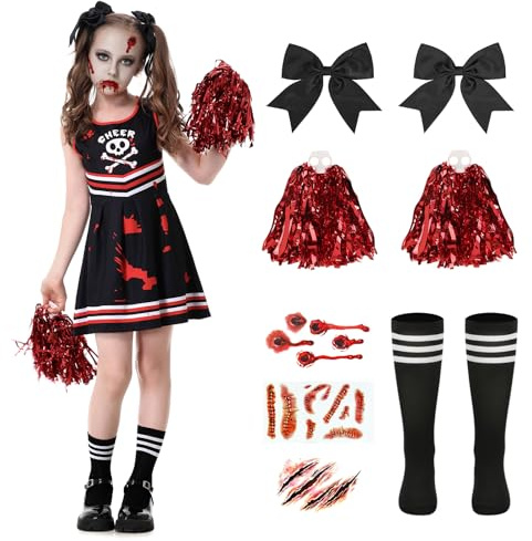 CIRCKOPS 10Pcs Halloween Zombie Cheerleader Costume for Girls Party , 9-10Y