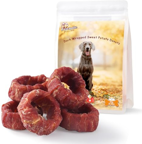 Pawmate Dog Treats Duck Wrapped Sweet Potato Donuts Rings, Healthy Low Fat Dog Jerky Chews, High Protein Training Treats Snacks for Small Medium Large Breed, 10.6 oz