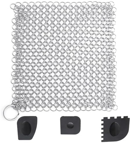 Nettoyant en Fonte en Acier Inoxydable, nettoyant pour anneaux Dutch Oven Nettoyant pour fonte avec 3 grattoirs pour poêles à frire, poêles en fonte, casseroles, poêles à griller, woks (10 * 10 cm)