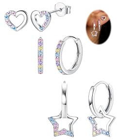 JeweBella 3 Pares Pendientes Mujer Plata Hipoalergénicos Pendientes de Botón Plata 925 Aguja Bonitos Pendientes Aro Colgantes Colores Corazón Estrella Pendientes Niña Plata